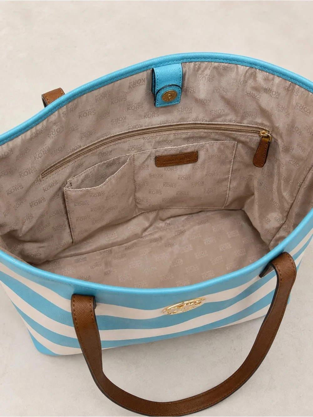 Michael Kors Blue & Cream Striped Tote with Brown Leather Straps